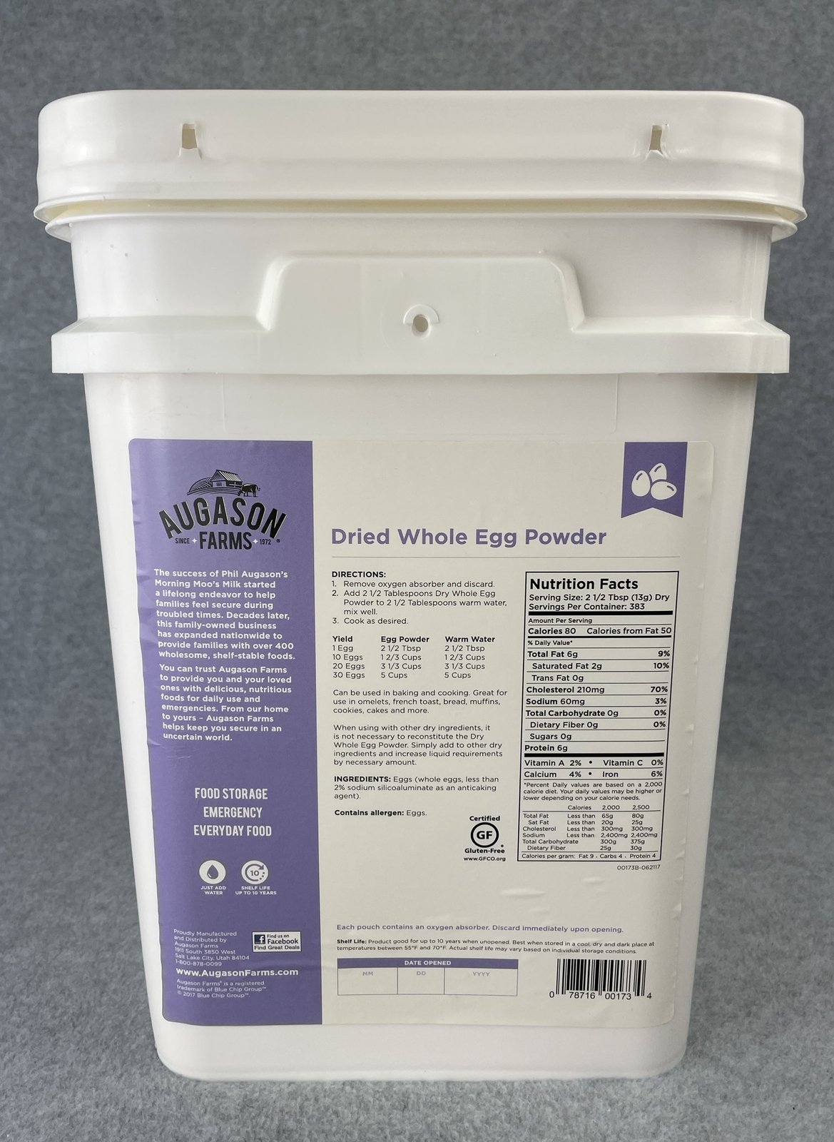 Augason Farms Dried Whole Egg Powder 11lb Bucket 383 Servings Best By