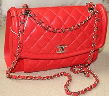 Chanel Geometric SILVER Flap Bag Quilted Lambskin Red Large New Mint Condition