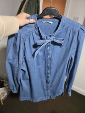 George Gorgeous Tie or Bow Neck Denim Shirt with Ruffle Cuffs and Pearl Buttons