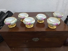 6 Austrian Porcelian Pedestal Salt Cellers Gold Guilding Roses