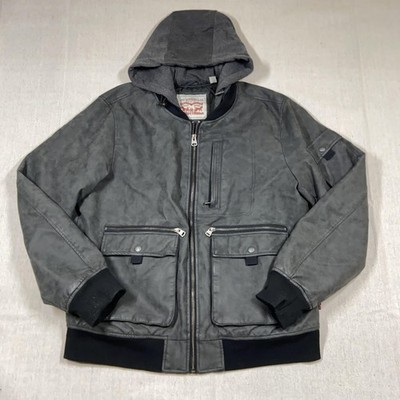 Levi's Jacket Mens Size XL Gray Hooded Faux Leather Bomber Zip Pockets