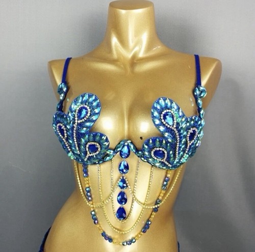 Women’s Blue Satin Belly Dance Bra Top Costume Rhinestone Beaded