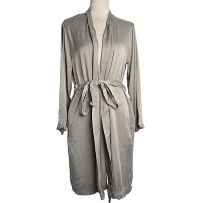 Restoration Hardware Womens Medium Grey Satin Heavy Robe Long Sleeve Belted