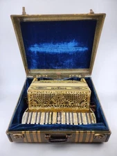 Panetta Soprani Vintage Accordion In Case • Gold, Rhinestone Inlay