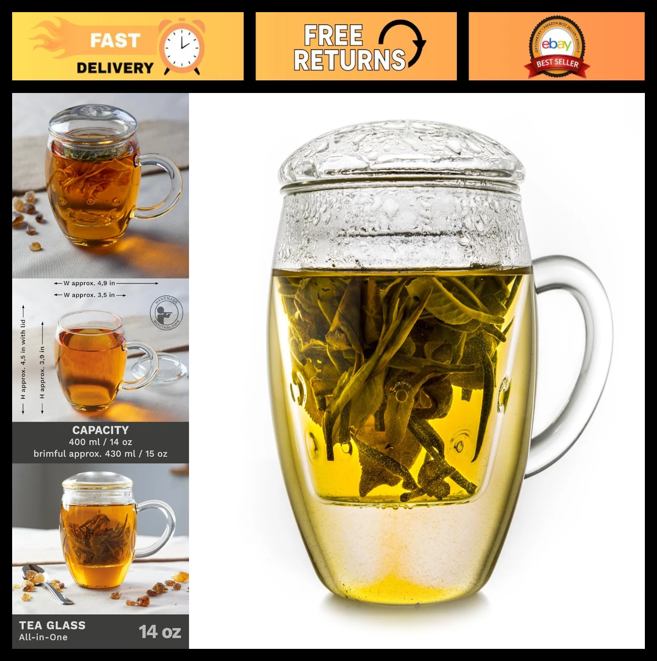 Large 400ml Tea Glass with Infuser & Lid - Microwave & Dishwasher Safe - Loose L