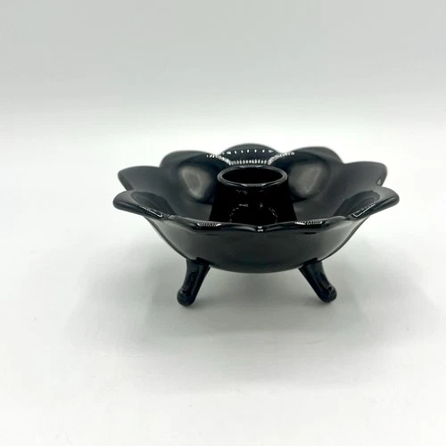 Vintage Fenton Black Glass Footed Taper Candle Holder Scalloped Lotus Single