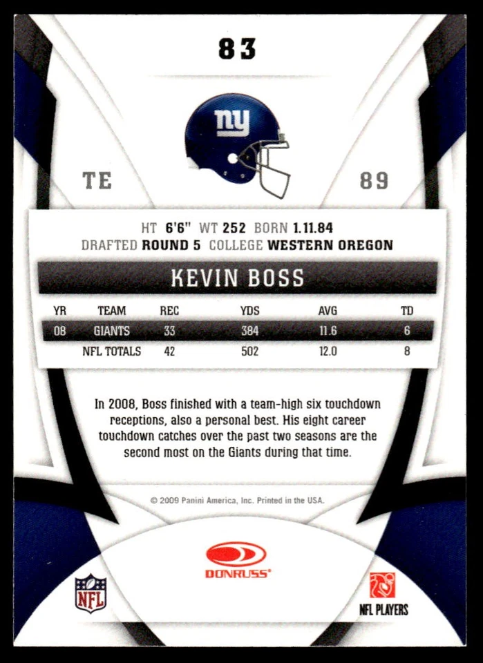 2009 Donruss Certified Kevin Boss #83 New York Giants - Image 2 of 2