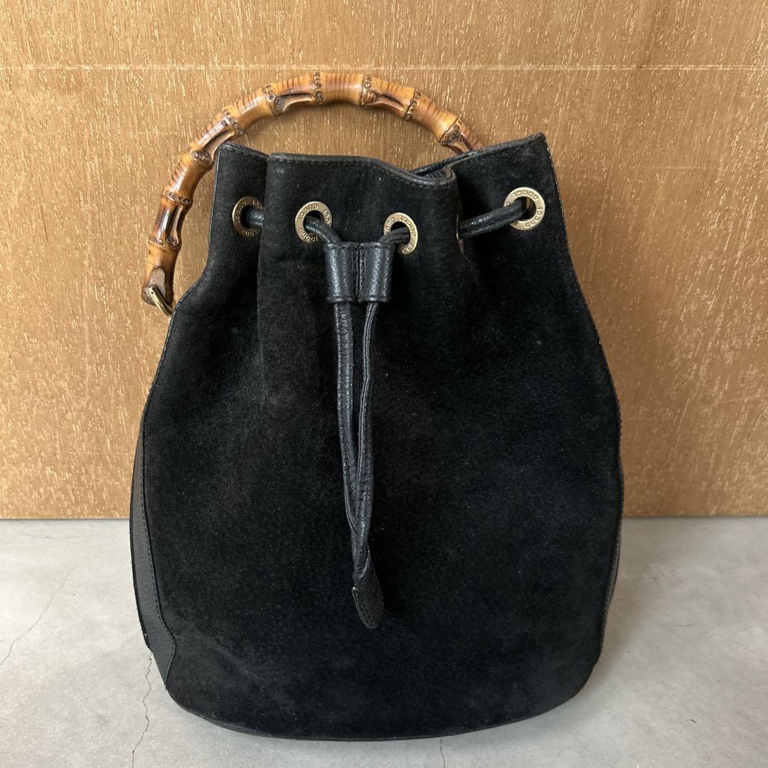 Gucci Black Suede Bamboo Handle Handbag 16x6x10.8 Inches Pre-Owned