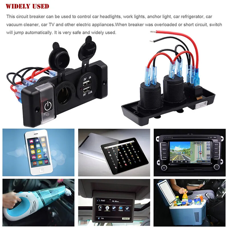 12V Waterproof 16A Dual USB Car Charger Three Bit Power Control Switch Panel 