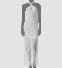 $376 Alice + Olivia Women's White Steph Twist Neck Fringed Cocktail Dress Size 2