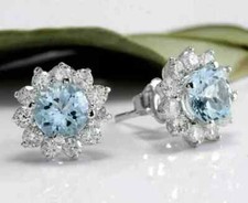 14K White Gold Plated 2Ct Round Cut Lab Created Aquamarine Women's Stud Earrings