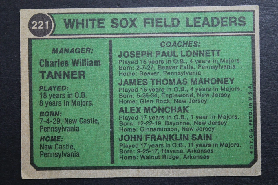 Chuck Tanner (d.2011) White Sox Coach Autographed 1974 Topps #221 Signed Card - Image 2 of 3