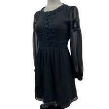 Anna Sui Silk Black Mini Dress Sheer Long Sleeve Embroidered Crochet Sz 2