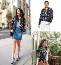 Eva Longoria Jacquard Bomber Jacket Navy & Olive Green Floral, Large