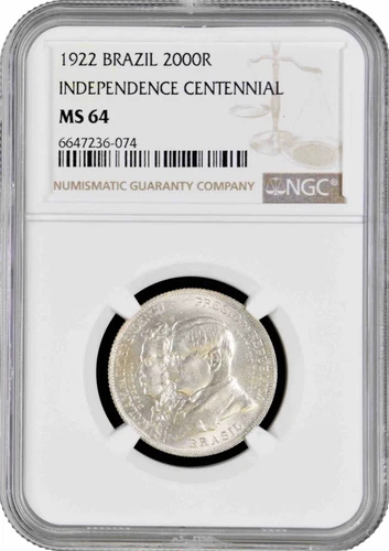 Brazil 2000 reis 1922, NGC MS64, "Independence Centennial" silver coin