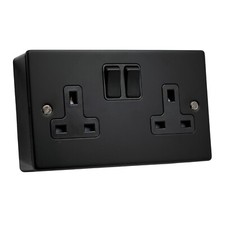 SHPELEC® Matt Black Metal 13A 2 Gang Socket and 25mm Surface Mount Pattress Box