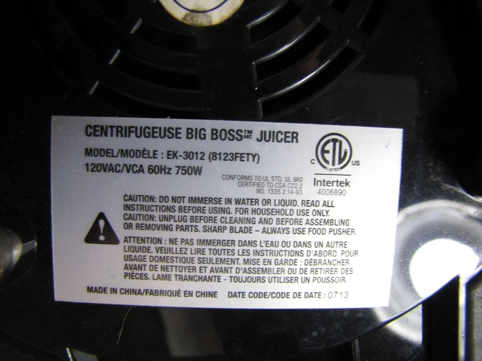 Exprimidor Big Boss modelo EK-3012 750 vatios probado y limpiado alimentador de 3" Foto 4 de 4