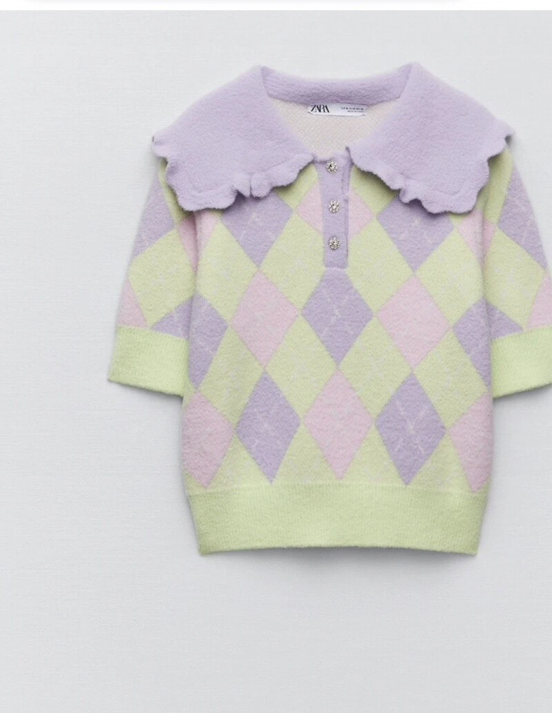 New Zara Women Argyle Polo Short Sleeves Sweater Knit Rhinestone Buttons SZ S
