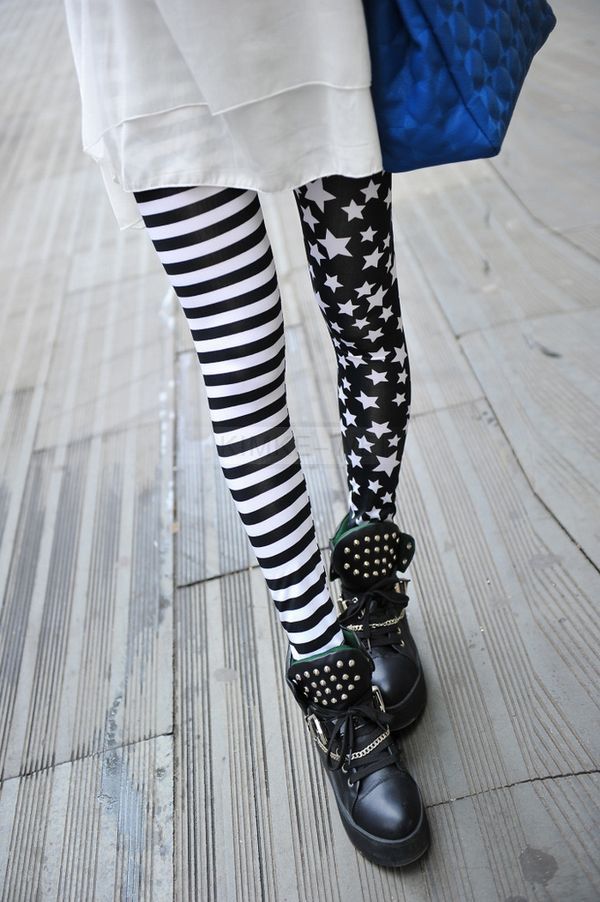 Graffiti fashion milk silk striped black and white stitching leggings wild  Stars | eBay