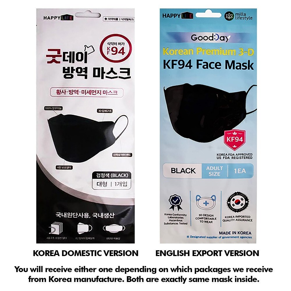 10 Packs HappyLife KF94 BLACK Korean Face Mask Made in Korea