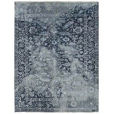 9' x 11'10" Gray Wool and Silk Broken Heris Design Hand Knotted Rug R87068