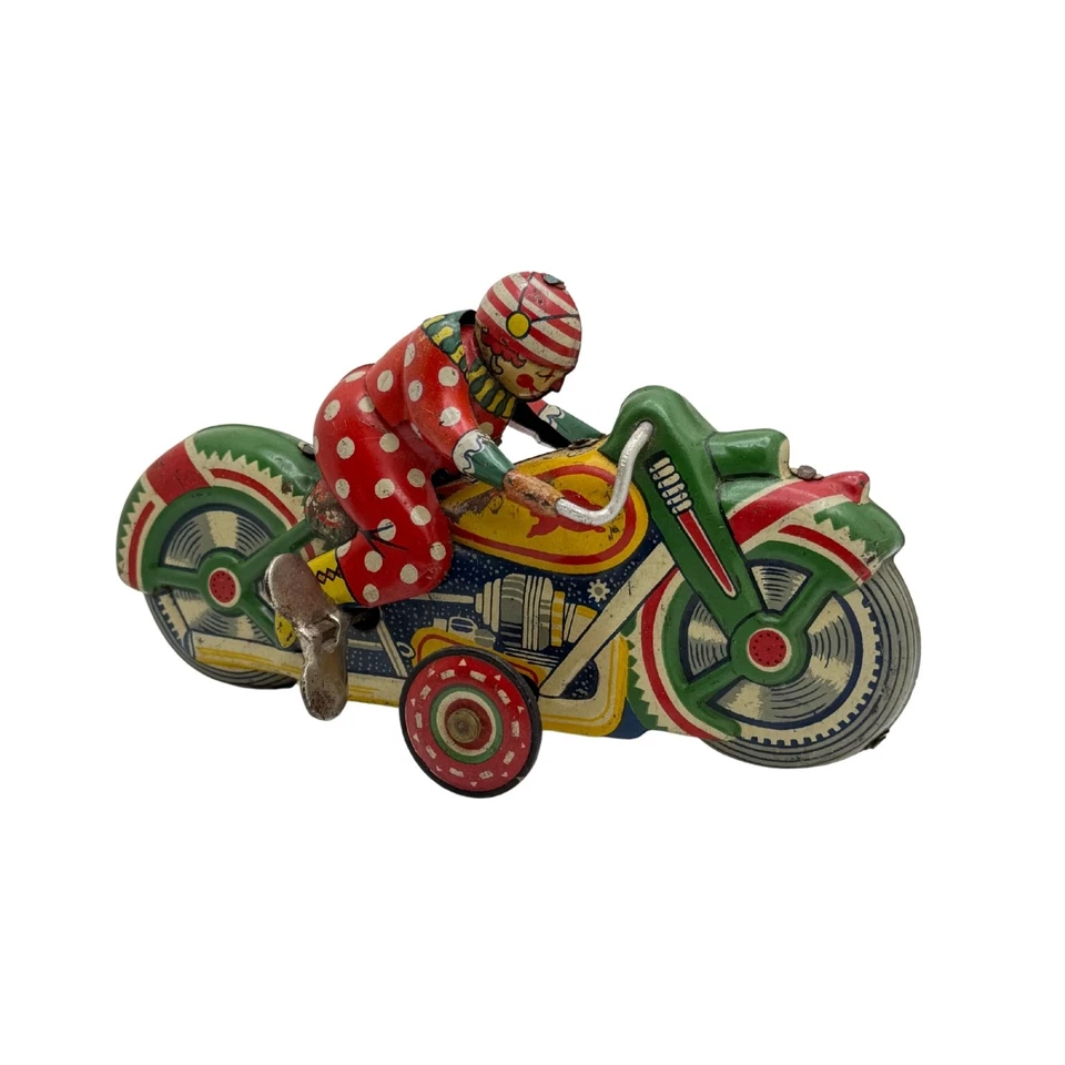 Juguete de cuerda vintage litográfico de hojalata payaso motocicleta con llave funciona - Hecho en Japón Foto 3 de 4