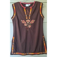 Greater Good Network Sleeveless Embroidered Cotton Tunic Top Brown Orange M 