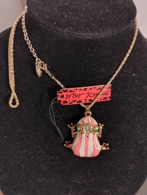 Betsey Johnson Large Pink & White Enamel/Rhinestone Crowned Frog Shaped Necklace