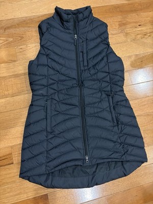 Duluth Quilted W s Medium Black Down Vest Longer Length Full Zip Pockets EUC