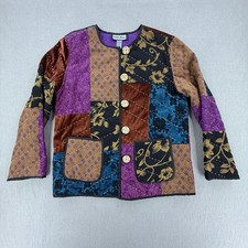 Indigo Moon Embroidered Tapestry Patchwork Button Front Collarless Jacket