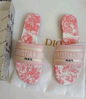Dior Damen Badelatschen Sandalen Slip-On rosa/weiß Toile mit Logo EU 42