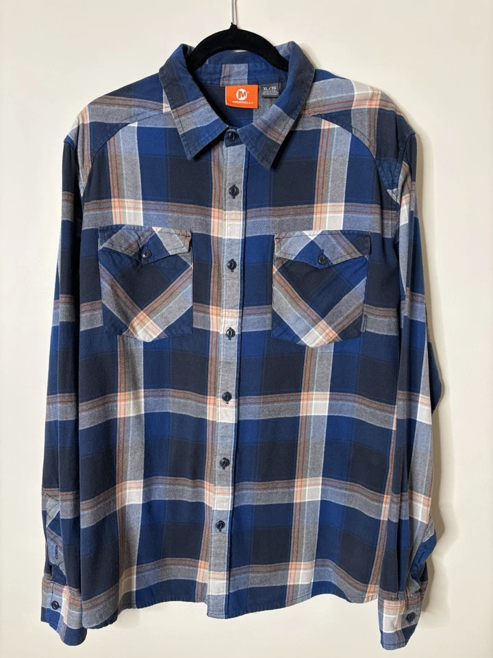 Camisa Merrell Hombres XL Franela Abotonada Azul Naranja Cuadros Algodón Manga Larga Foto 2 de 4