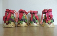4 HANDPAINTED PAPER MACHE BELLS Vintage DEPT 56 Gold w/Fruit & Ribbons