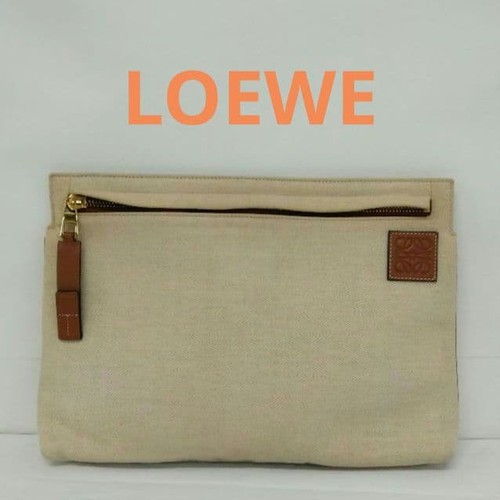 LOEWE Canvas Leather Suede Clutch Bag Beige Brown AB Authentic