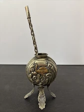 Yerba Mate Footed Cup & Bombilla Straw Alpaca Industria Argentina Gold Emu