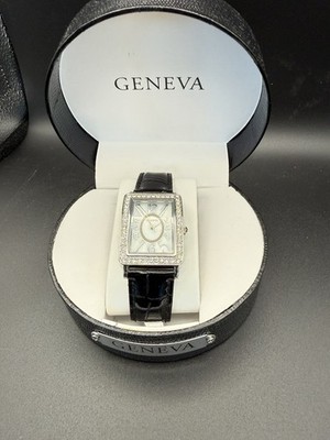 Ladies Geneva Beautiful Silver Tone Rectangle Black Leather Strap Watch NEW