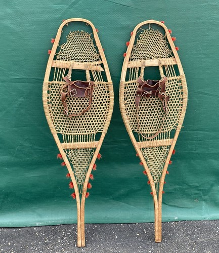 EARLY Antique SNOWSHOES 36 x11 RED POMPOMS Snow Shoes PATINA Decoration