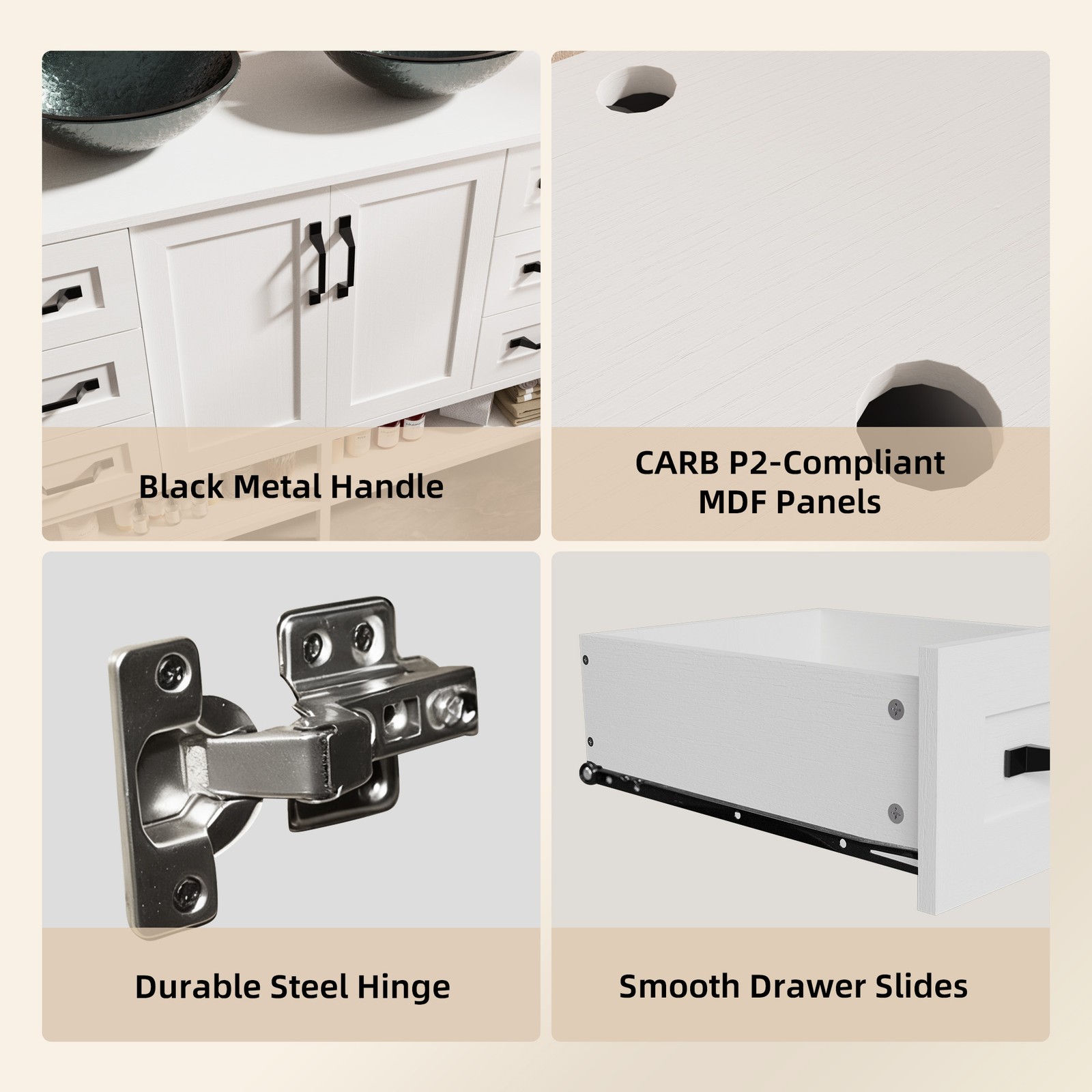 48" Bathroom Vanity with Tempered Glass Sink Open Shelves and 6 Storage Drawers