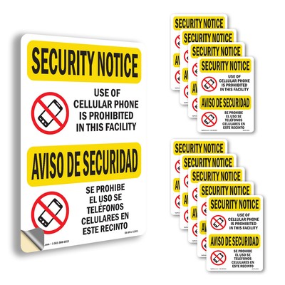 Cellular Phone Prohibited Bilingual OSHA Security Notice Sign, Decal 5/10 Pack