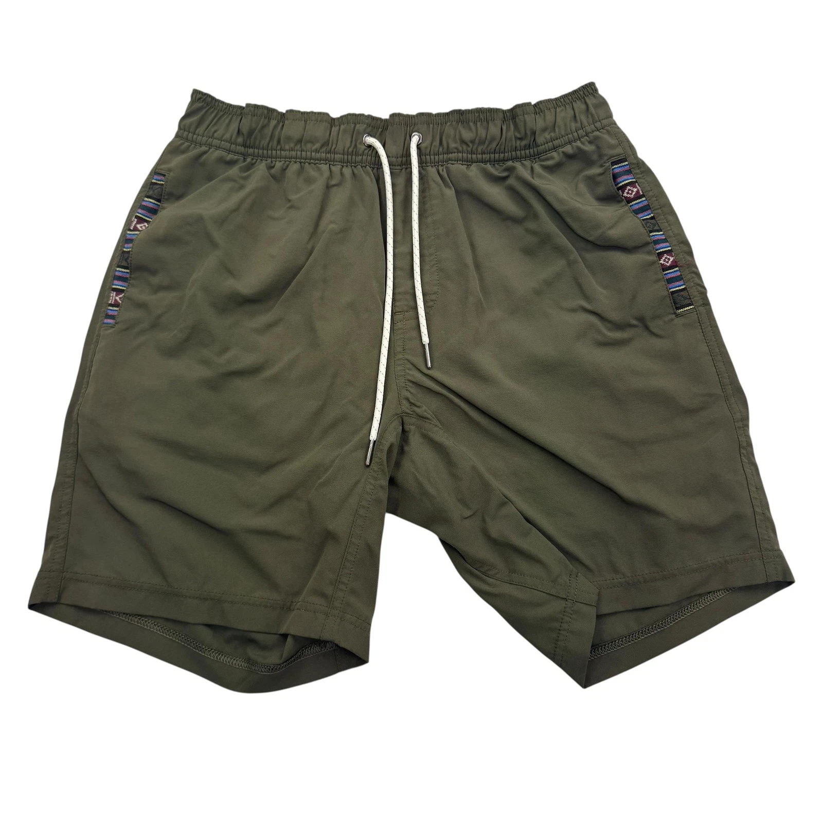 Wowie Shorts Mens Small Green Drawstring Lined Nylon Spandex Aztec Trim Pockets