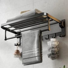 24 Inch Towel Rack with Towel Bar Holder Foldable Towel Shelf with Movable Hooks
