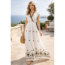 White Embroidered Viscose Maxi Dress Large NWT Boho Resort Folk Art