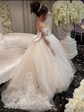 Girls White Long Ball Gown Dress Off Shoulder Lace Bow Tulle Illusion Sleeve