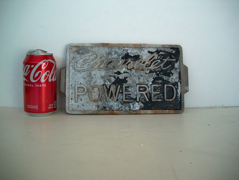 VTG CHEVROLET POWERED ALUMINUM PLAQUE / SIGN  EMBOSSED 10 3/4" X 5 3/4"