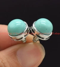 Natural Pretty Handmade Blue Turquoise Gesmtone Round Beads Silver Stud Earring