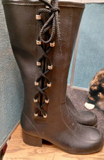 VTG 1970s Women s Lace Up Black Leather Lace Up Rain Boots Sz 6