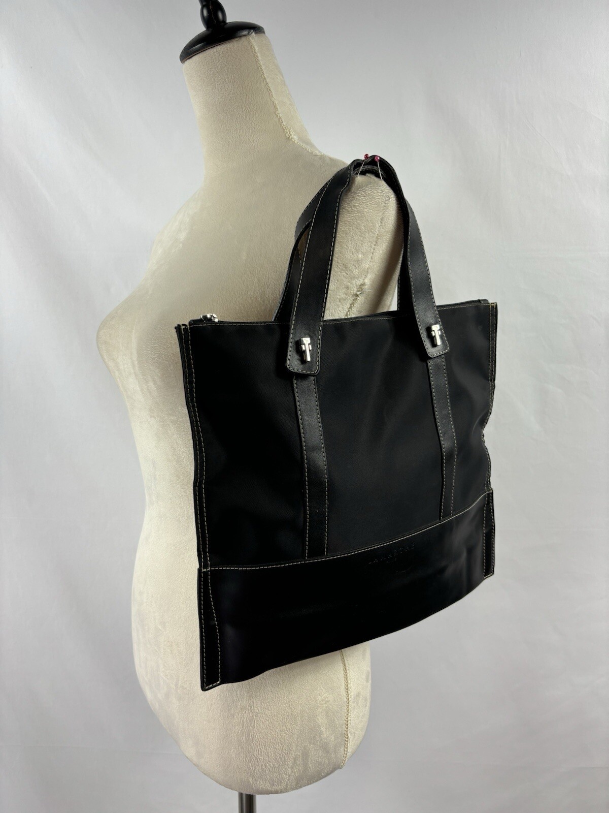 Lamarthe Mini Tote in Black Nylon with Leather Handles and Inner Pocket