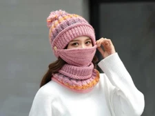Women Winter Warm Hat Beanie Knitted Scarf Ski cover Face mask