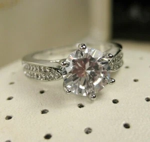 Stunning Faux Pave Silver Round Cut Stone W/ accents Engagement Ring Size 5