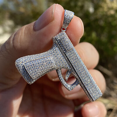 Real Solid 925 Sterling Silver Gun Pendant Nine Pistol Micro Pave Iced  Handgun | eBay